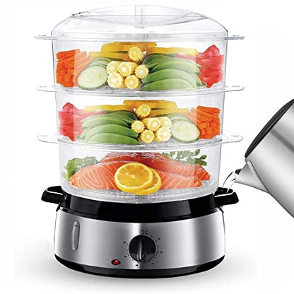 FOHERE Elektrischer Dampfgarer zum Kochen, Gemüsedampfgarer 800W schnelles Aufheizen mit 3 BPA-freien stapelbaren Korbschalen und Abschaltautomatik mit 60-Minuten-Timer, Reisschüssel enthalten, 9,5QT
