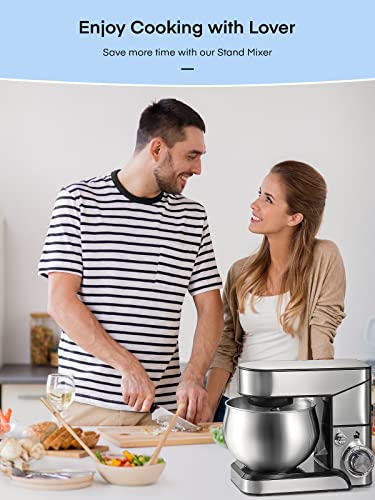 Küchenmaschine FOHERE, 6-Gang-Edelstahlmixer mit Knethaken, Rührbesen, Schneebesen, spülmaschinenfest, kippbarer Kopf, Teigmischer für Kuchen, 5,8 QT elektrische Küchenmaschine für Zuhause