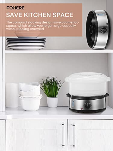FOHERE Elektrischer Dampfgarer zum Kochen, Gemüsedampfgarer 800W schnelles Aufheizen mit 3 BPA-freien stapelbaren Korbschalen und Abschaltautomatik mit 60-Minuten-Timer, Reisschüssel enthalten, 9,5QT