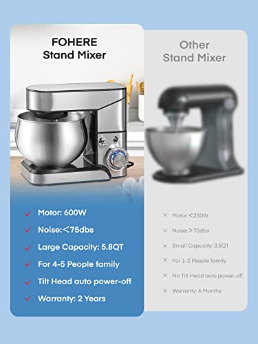 Stand Mixer FOHERE, 6-Speed Stainless Steel Mixer with Dough Hook, Mixing Beater, Wire Whip, Dishwasher-safe , Tilt-Head Kitchen Dough Mixers for Cake, 5.8 QT Electric Home Cooking Kitchen Mixer