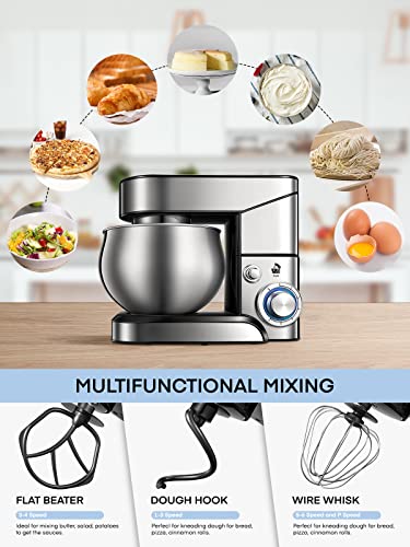 Küchenmaschine FOHERE, 6-Gang-Edelstahlmixer mit Knethaken, Rührbesen, Schneebesen, spülmaschinenfest, kippbarer Kopf, Teigmischer für Kuchen, 5,8 QT elektrische Küchenmaschine für Zuhause
