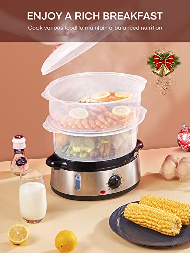 FOHERE Elektrischer Dampfgarer zum Kochen, Gemüsedampfgarer 800W schnelles Aufheizen mit 3 BPA-freien stapelbaren Korbschalen und Abschaltautomatik mit 60-Minuten-Timer, Reisschüssel enthalten, 9,5QT