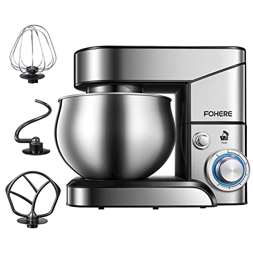 Küchenmaschine FOHERE, 6-Gang-Edelstahlmixer mit Knethaken, Rührbesen, Schneebesen, spülmaschinenfest, kippbarer Kopf, Teigmischer für Kuchen, 5,8 QT elektrische Küchenmaschine für Zuhause
