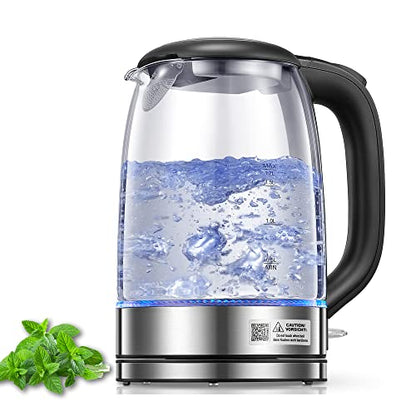 FOHERE Wasserkocher, 1500W, mit Edelstahlfilter und Innenabdeckung, große Öffnung, 1.7L, Glas-Teekessel und Heißwasserbereiter, LED-Anzeige, automatische Abschaltung und Trockengehschutz, BPA-frei