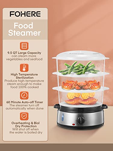 FOHERE Elektrischer Dampfgarer zum Kochen, Gemüsedampfgarer 800W schnelles Aufheizen mit 3 BPA-freien stapelbaren Korbschalen und Abschaltautomatik mit 60-Minuten-Timer, Reisschüssel enthalten, 9,5QT