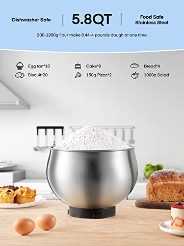 Küchenmaschine FOHERE, 6-Gang-Edelstahlmixer mit Knethaken, Rührbesen, Schneebesen, spülmaschinenfest, kippbarer Kopf, Teigmischer für Kuchen, 5,8 QT elektrische Küchenmaschine für Zuhause