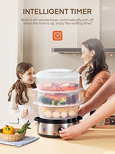 FOHERE Electric Food Steamer for Cooking, Vegetable Steamer 800W Fast Heating with 3 Tiers BPA-Free Nested Basket Trays and Auto Shut-off 60-min Timer, Rice Bowl Included, 9.5QT