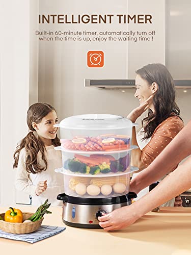 FOHERE Elektrischer Dampfgarer zum Kochen, Gemüsedampfgarer 800W schnelles Aufheizen mit 3 BPA-freien stapelbaren Korbschalen und Abschaltautomatik mit 60-Minuten-Timer, Reisschüssel enthalten, 9,5QT