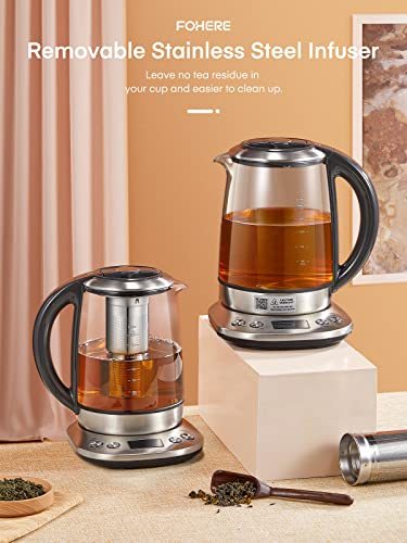 Electric Kettle with Temperature Control and Tea Infuser, FOHERE 1.7L Electric Tea Kettle, Glass and Stainless Steel Hot Tea Water Kettle, 2Hr Keep Warm, 6 Presets for Herbal, Green, Coffee, Black