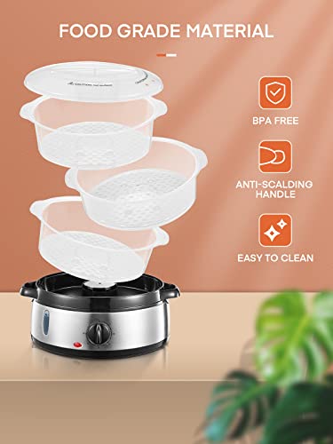 FOHERE Elektrischer Dampfgarer zum Kochen, Gemüsedampfgarer 800W schnelles Aufheizen mit 3 BPA-freien stapelbaren Korbschalen und Abschaltautomatik mit 60-Minuten-Timer, Reisschüssel enthalten, 9,5QT