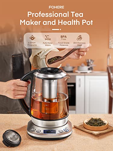Electric Kettle with Temperature Control and Tea Infuser, FOHERE 1.7L Electric Tea Kettle, Glass and Stainless Steel Hot Tea Water Kettle, 2Hr Keep Warm, 6 Presets for Herbal, Green, Coffee, Black