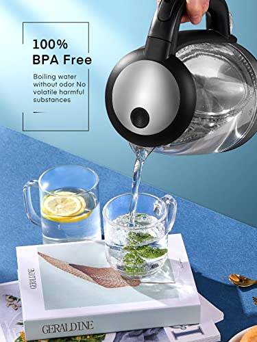 FOHERE Wasserkocher, 1500W, mit Edelstahlfilter und Innenabdeckung, große Öffnung, 1.7L, Glas-Teekessel und Heißwasserbereiter, LED-Anzeige, automatische Abschaltung und Trockengehschutz, BPA-frei