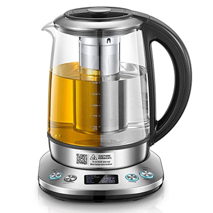 FOHERE Wasserkocher 1.7L mit Temperaturregelung und Teesieb, Teebereiter aus Glas und Edelstahl, 2 Stunden Warmhaltefunktion, 6 Voreinstellungen für Kräutertee, Grüntee, Kaffee, Schwarztee