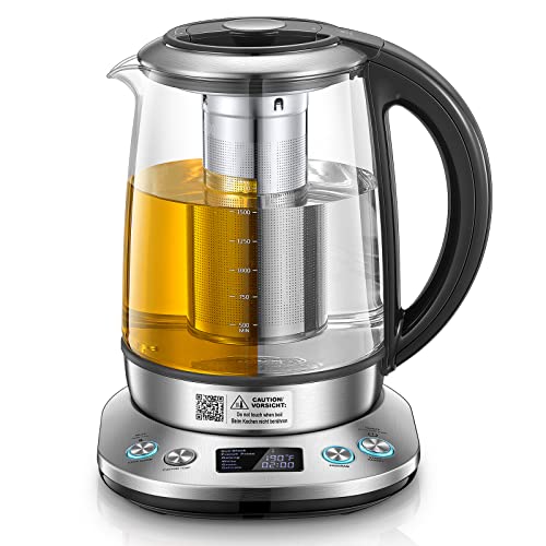 Electric Kettle with Temperature Control and Tea Infuser, FOHERE 1.7L Electric Tea Kettle, Glass and Stainless Steel Hot Tea Water Kettle, 2Hr Keep Warm, 6 Presets for Herbal, Green, Coffee, Black