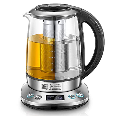 Electric Kettle with Temperature Control and Tea Infuser, FOHERE 1.7L Electric Tea Kettle, Glass and Stainless Steel Hot Tea Water Kettle, 2Hr Keep Warm, 6 Presets for Herbal, Green, Coffee, Black