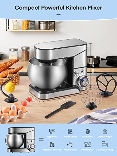 Küchenmaschine FOHERE, 6-Gang-Edelstahlmixer mit Knethaken, Rührbesen, Schneebesen, spülmaschinenfest, kippbarer Kopf, Teigmischer für Kuchen, 5,8 QT elektrische Küchenmaschine für Zuhause