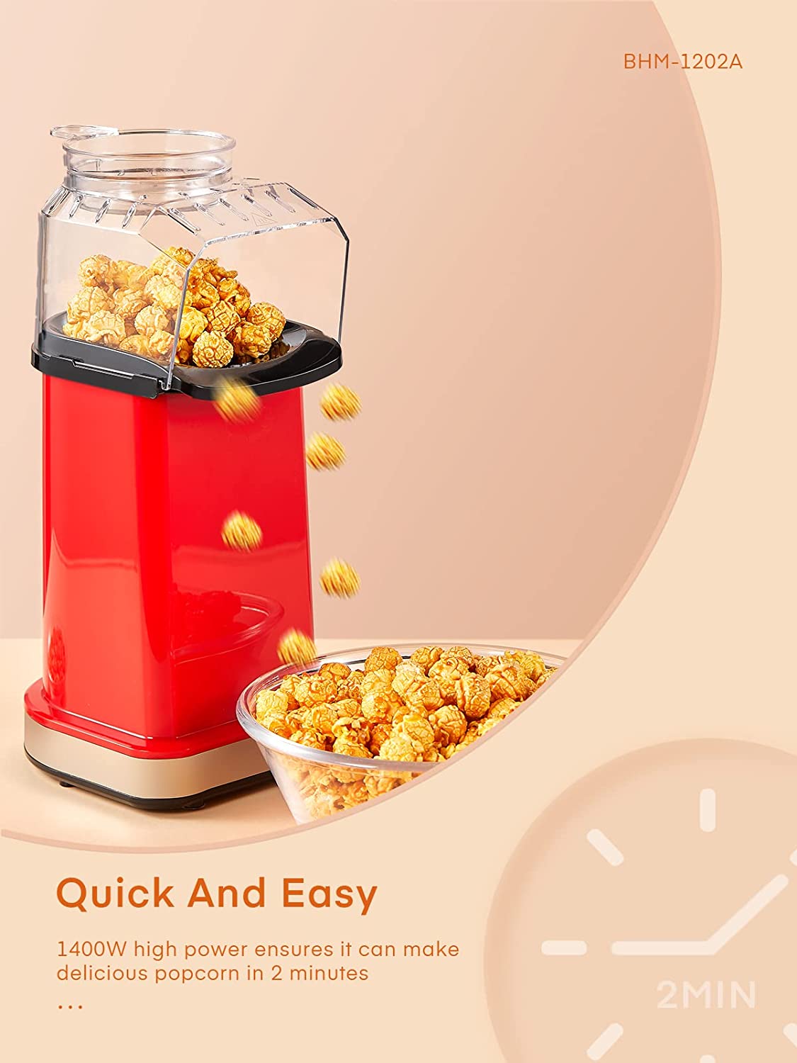 18cups Hot Air Popcorn Popper Maker, 1400W, Oil-Free, with