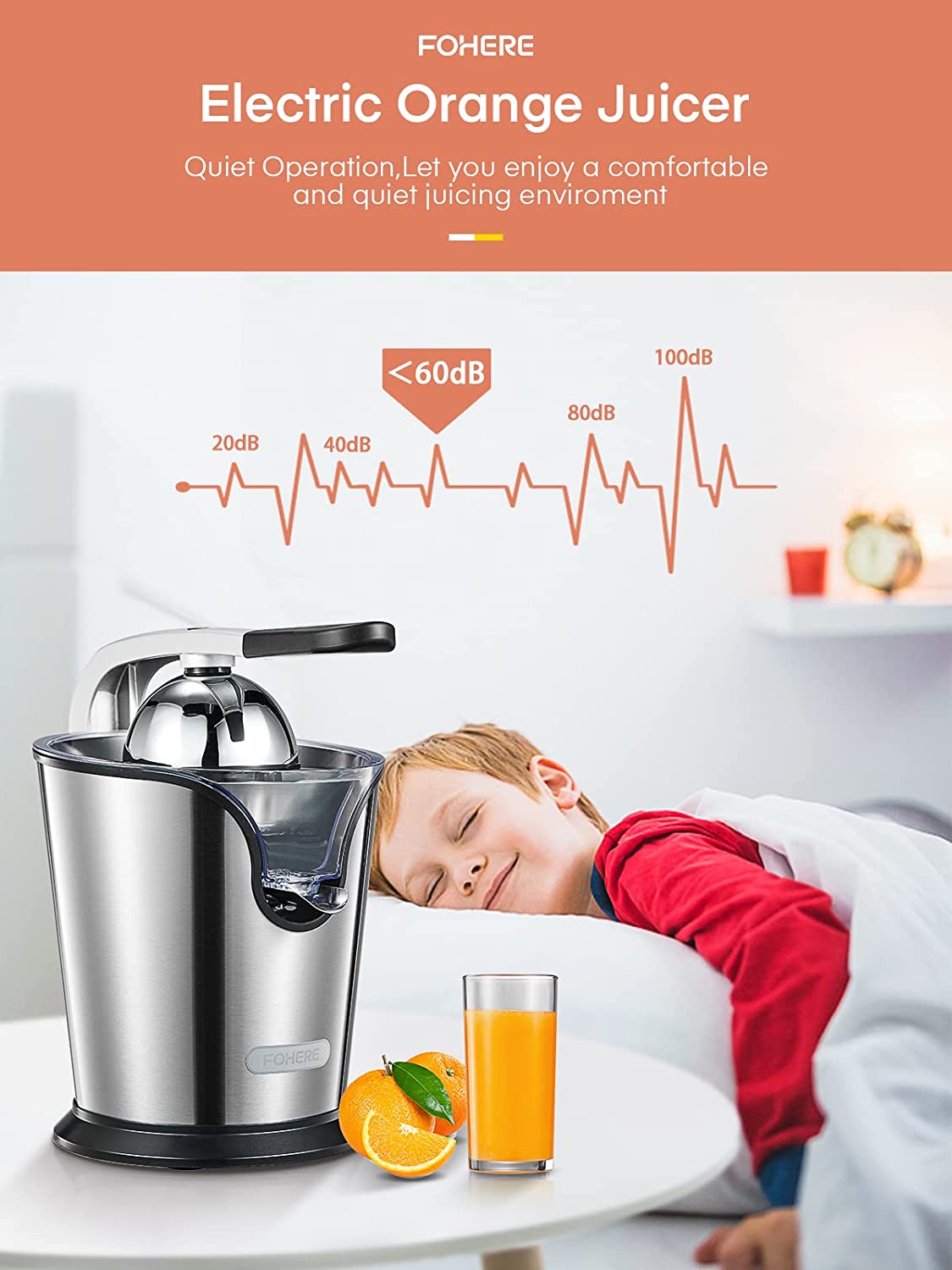 electric orange juicer, FOHERE Citrus Juicer Electric Orange Juicer Squeezer with Humanized Handle, Powerful 160W Silent Motor Stainless Steel BPA-Free, Two Size Cones for Grapefruits, Orange and Lemon, Silver