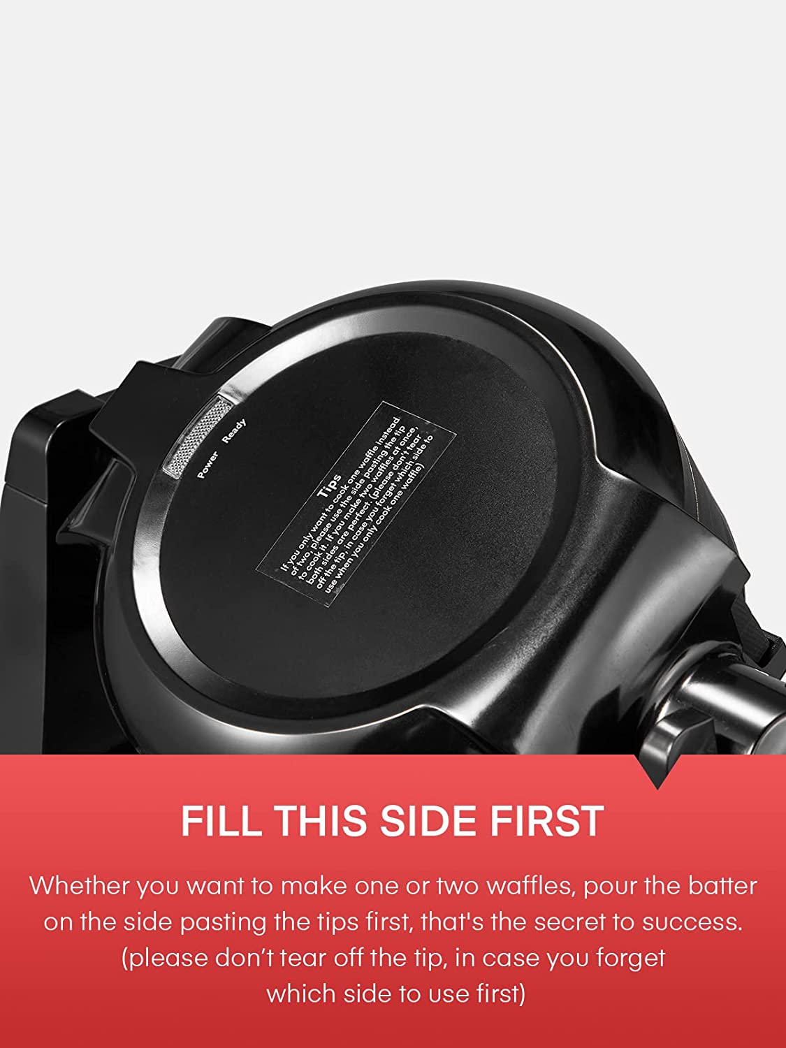 fill this side first, Waffle Maker, Belgian Waffle Maker Iron 180° Flip Double Waffle, 8 Slices, Rotating & Nonstick Plates, Removable Drip Tray, Cool Touch Handle, Black, 1400W