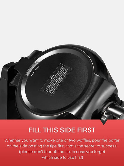 fill this side first, Waffle Maker, Belgian Waffle Maker Iron 180° Flip Double Waffle, 8 Slices, Rotating & Nonstick Plates, Removable Drip Tray, Cool Touch Handle, Black, 1400W