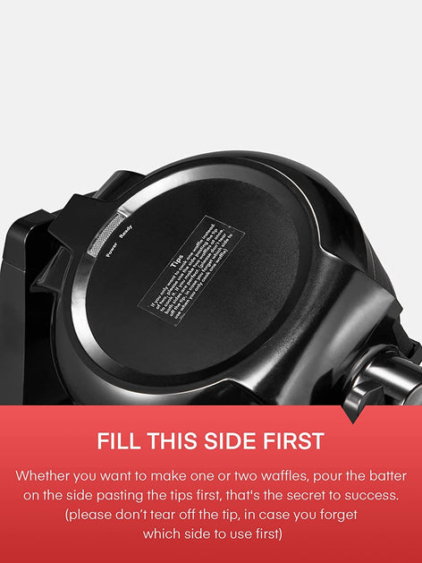 fill this side first, Waffle Maker, Belgian Waffle Maker Iron 180° Flip Double Waffle, 8 Slices, Rotating & Nonstick Plates, Removable Drip Tray, Cool Touch Handle, Black, 1400W