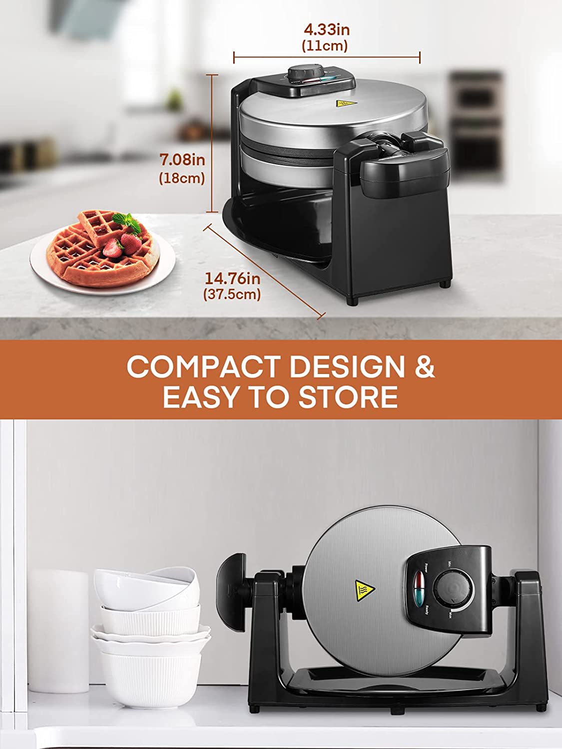 compact design and easy to store, Flip Belgian Waffle Maker, 180° Rotating Waffle Iron with Easy to Clean Non-Stick Surfaces, Classic 1" Thick Waffles, Included Recipe, Removable Drip Tray, Browning Control, 1100W, Stainless Steel