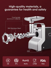 high quality materials, a guarantee for health and safety, Electric Meat Grinder Heavy Duty - 5 in 1 2500W Max Powerful Home Food Grinder - Sausage Stuffer - Slicer/Shredder/Grater - Kubbe & Tomato Juicing Kits - 3 Stainless Steel Grinding Plates - Size #12
