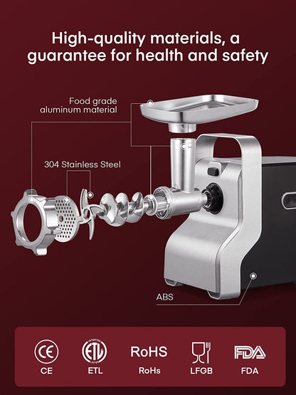 high quality materials, a guarantee for health and safety, Electric Meat Grinder Heavy Duty - 5 in 1 2500W Max Powerful Home Food Grinder - Sausage Stuffer - Slicer/Shredder/Grater - Kubbe & Tomato Juicing Kits - 3 Stainless Steel Grinding Plates - Size #12
