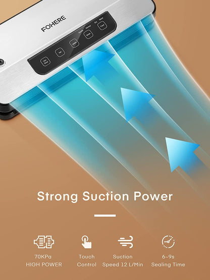 Vakuumiergerät, FOHERE 70KPa Automatischer Folienschweißer mit 2 Modi, Luftdichtes System zur Lebensmittelaufbewahrung, Externer Absaugschlauch für Gläser, Touchscreen, LED-Anzeigeleuchten (Silber)