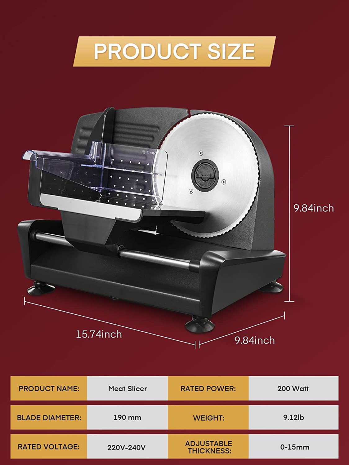 product size, Meat Slicer 200 Watt for Home Use, Electric Food Slicer with “Two” Upgrade 7.5" Sharp Stainless Steel Blade(Serrated + Smooth) & 0-15mm Precise Thickness Cut Deli Food, Meat, Bread, Fruit, Vegetable