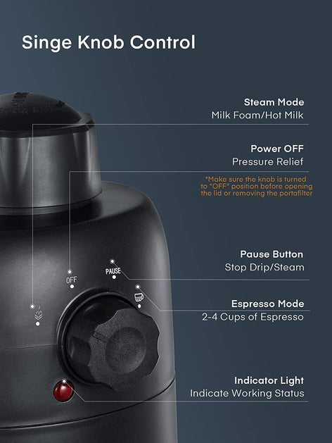single knob control, FOHERE Espresso Machine, 3.5 Bar 4 Cup Steam Espresso Machine, Espresso and Cappuccino Maker with Milk Frother and Carafe, Professional Compact Coffee Machine for Espresso, Cappuccino, Latte and Mocha