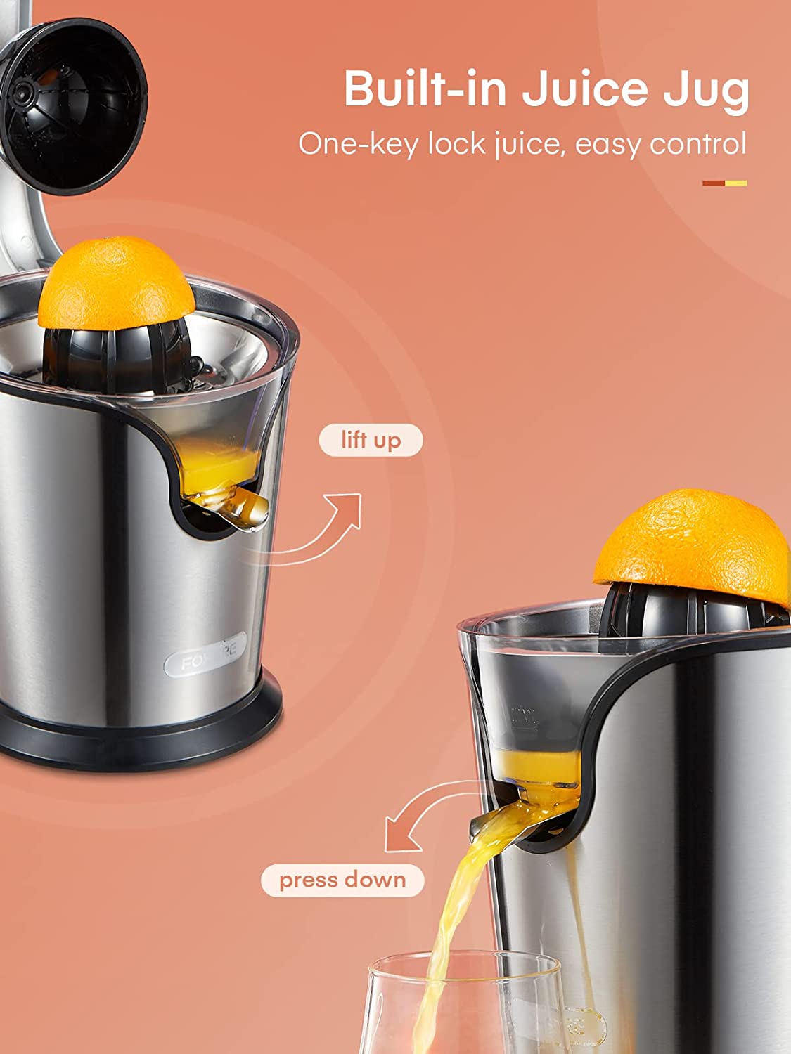 built in juice jug, FOHERE Citrus Juicer Electric Orange Juicer Squeezer with Humanized Handle, Powerful 160W Silent Motor Stainless Steel BPA-Free, Two Size Cones for Grapefruits, Orange and Lemon, Silver