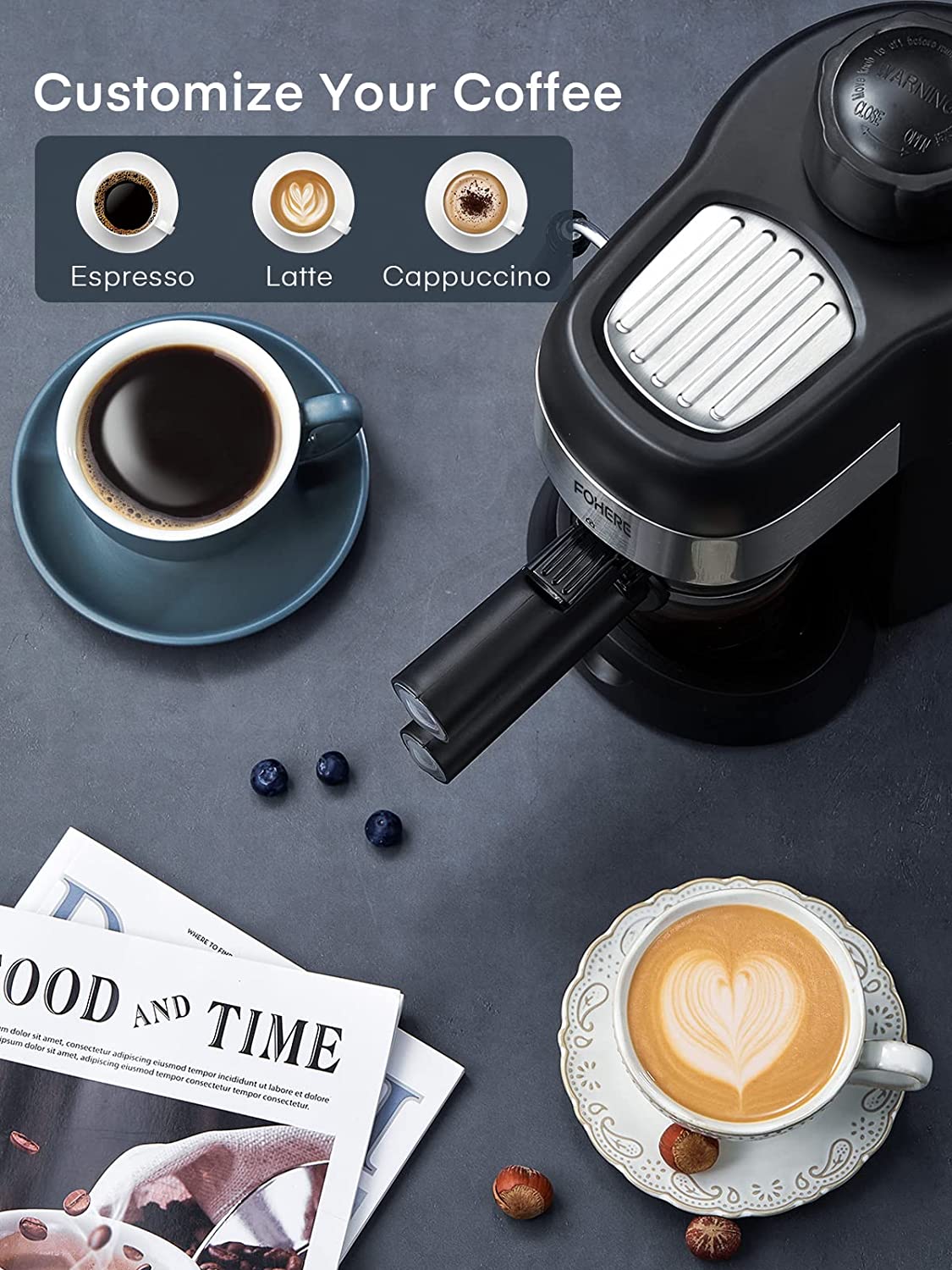 customize your coffee, FOHERE Espresso Machine, 3.5 Bar 4 Cup Steam Espresso Machine, Espresso and Cappuccino Maker with Milk Frother and Carafe, Professional Compact Coffee Machine for Espresso, Cappuccino, Latte and Mocha