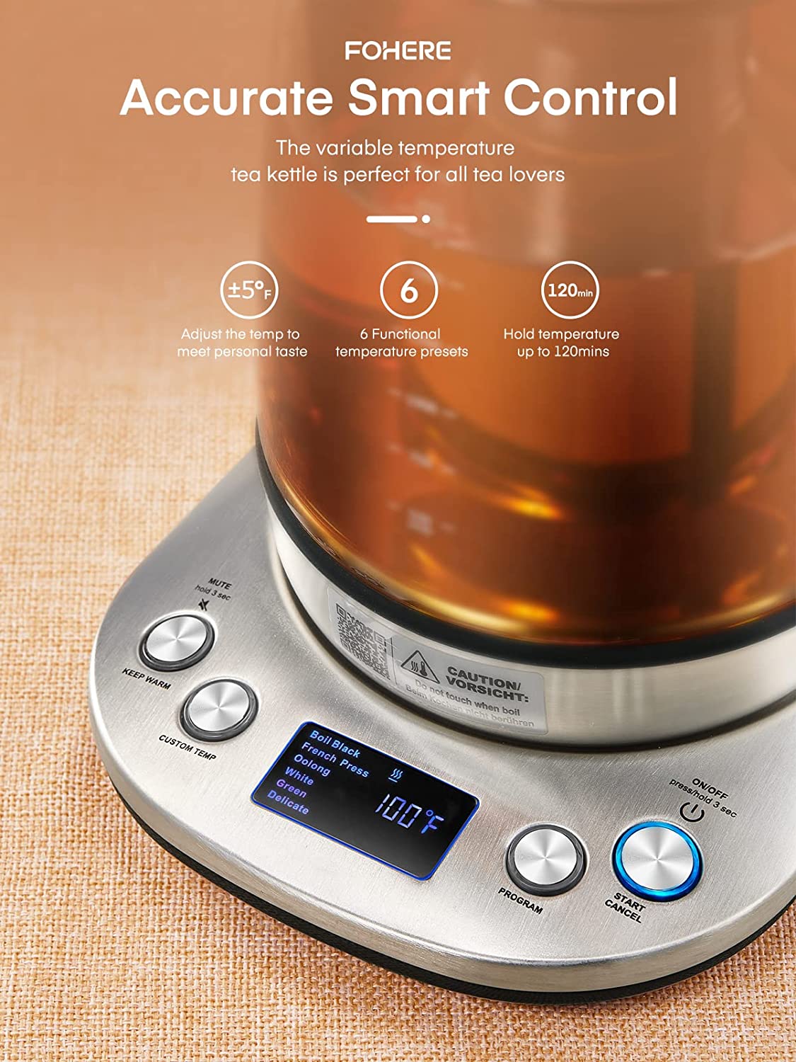 accurate smart control, Tea Kettle Electric, FOHERE Electric Kettle Temperature Control with 6 Presets, 2Hr Keep Warm, Removable Tea Infuser, Stainless Steel Glass Boiler, BPA Free, 1.7L