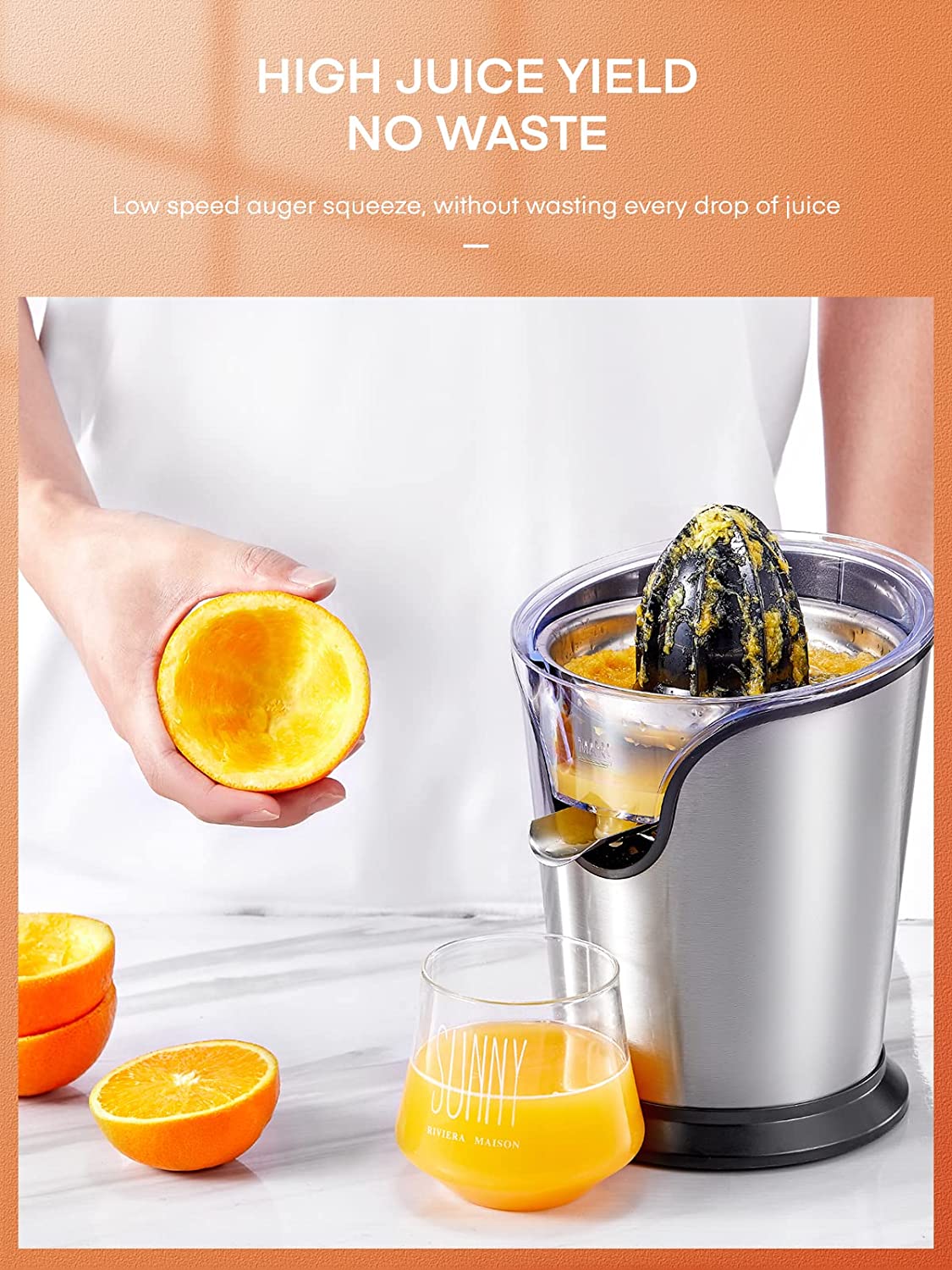 high juice yield, no waste, FOHERE Orange Juice Squeezer Electric Citrus Juicer with Two Interchangeable Cones Suitable for orange, lemon and Grapefruit, Brushed Stainless Steel