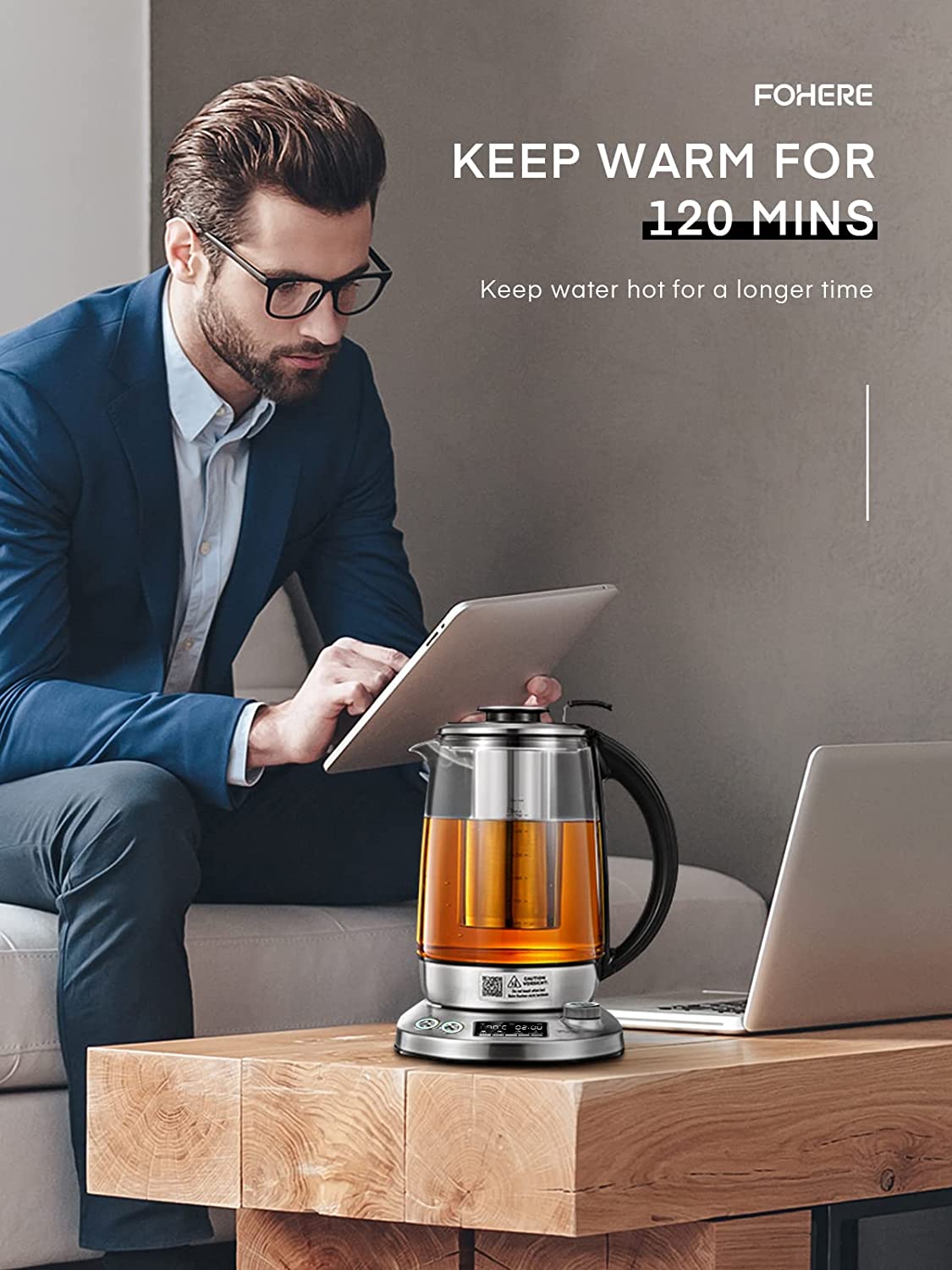 keep warm for 12mins, Electric Kettle, FOHERE Electric Tea Kettle with 9 Presets, 1.7 Liter Tea Maker with Removable Infuser, 140℉ to 212℉ Precise Temperature Control, 1200W, Borosilicate Glass | Stainless Steel