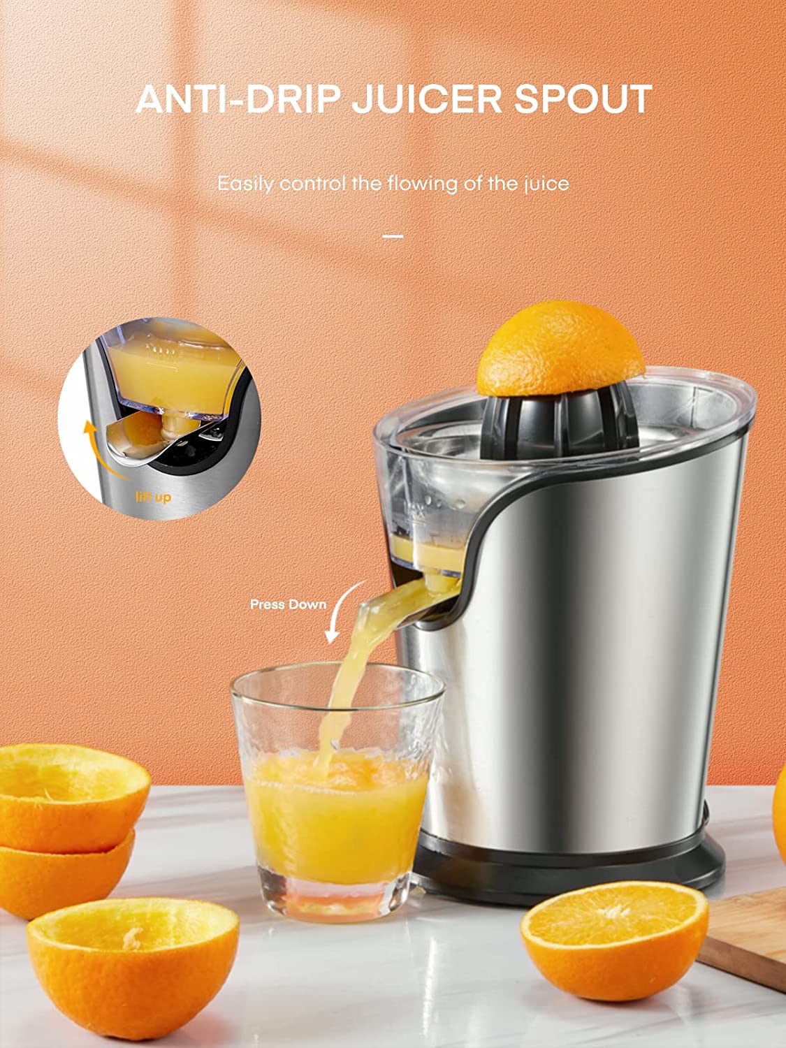 anti-drip juicer spout, FOHERE Orange Juice Squeezer Electric Citrus Juicer with Two Interchangeable Cones Suitable for orange, lemon and Grapefruit, Brushed Stainless Steel