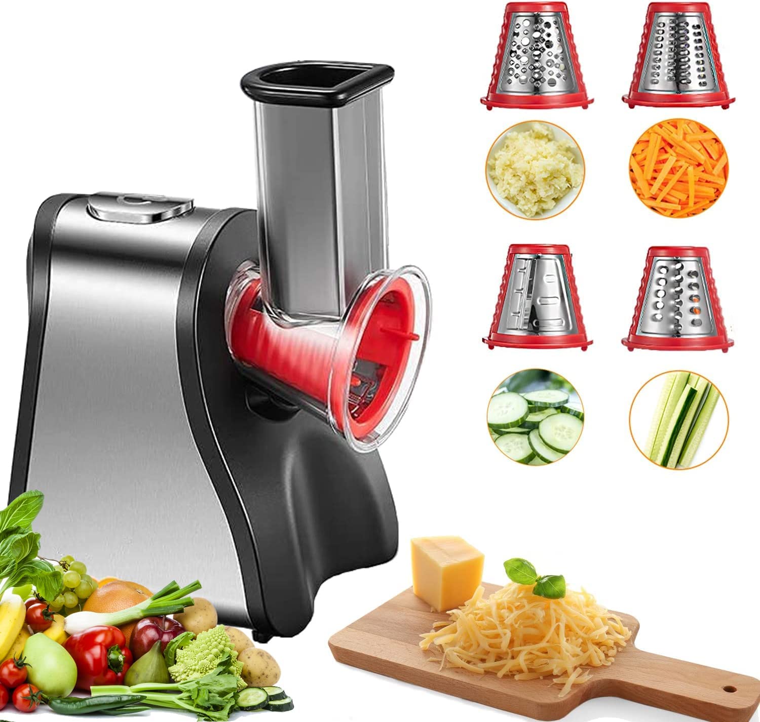 FOHERE Electric Cheese Grater Shredder, Electric Vegetable Slicer Professional Salad Shooter for Home Kitchen Use, One-Touch Easy Control, Salad Maker Machine for Vegetables, Cheeses, BPA-Free, Red