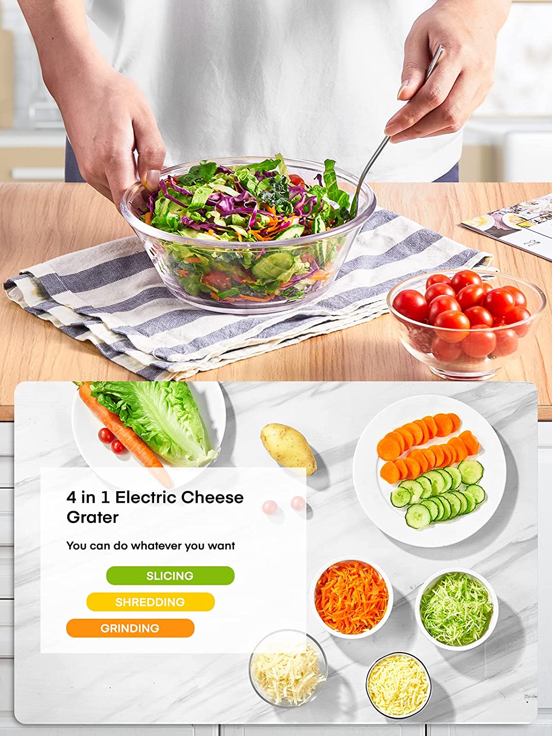 4 in 1 electric cheese grater, FOHERE Electric Cheese Grater Shredder, Electric Vegetable Slicer Professional Salad Shooter for Home Kitchen Use, One-Touch Easy Control, Salad Maker Machine for Vegetables, Cheeses, BPA-Free, Red