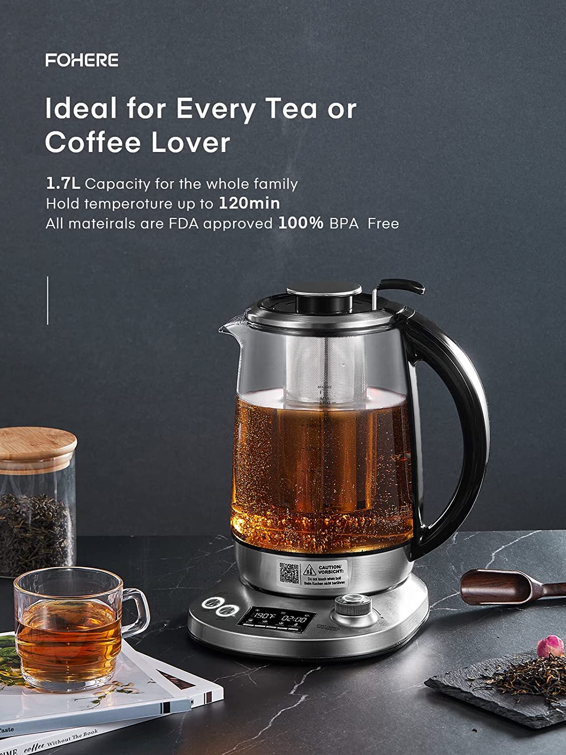 idea for every tea or coffee lover, Electric Kettle, FOHERE Electric Tea Kettle with 9 Presets, 1.7 Liter Tea Maker with Removable Infuser, 140℉ to 212℉ Precise Temperature Control, 1200W, Borosilicate Glass | Stainless Steel