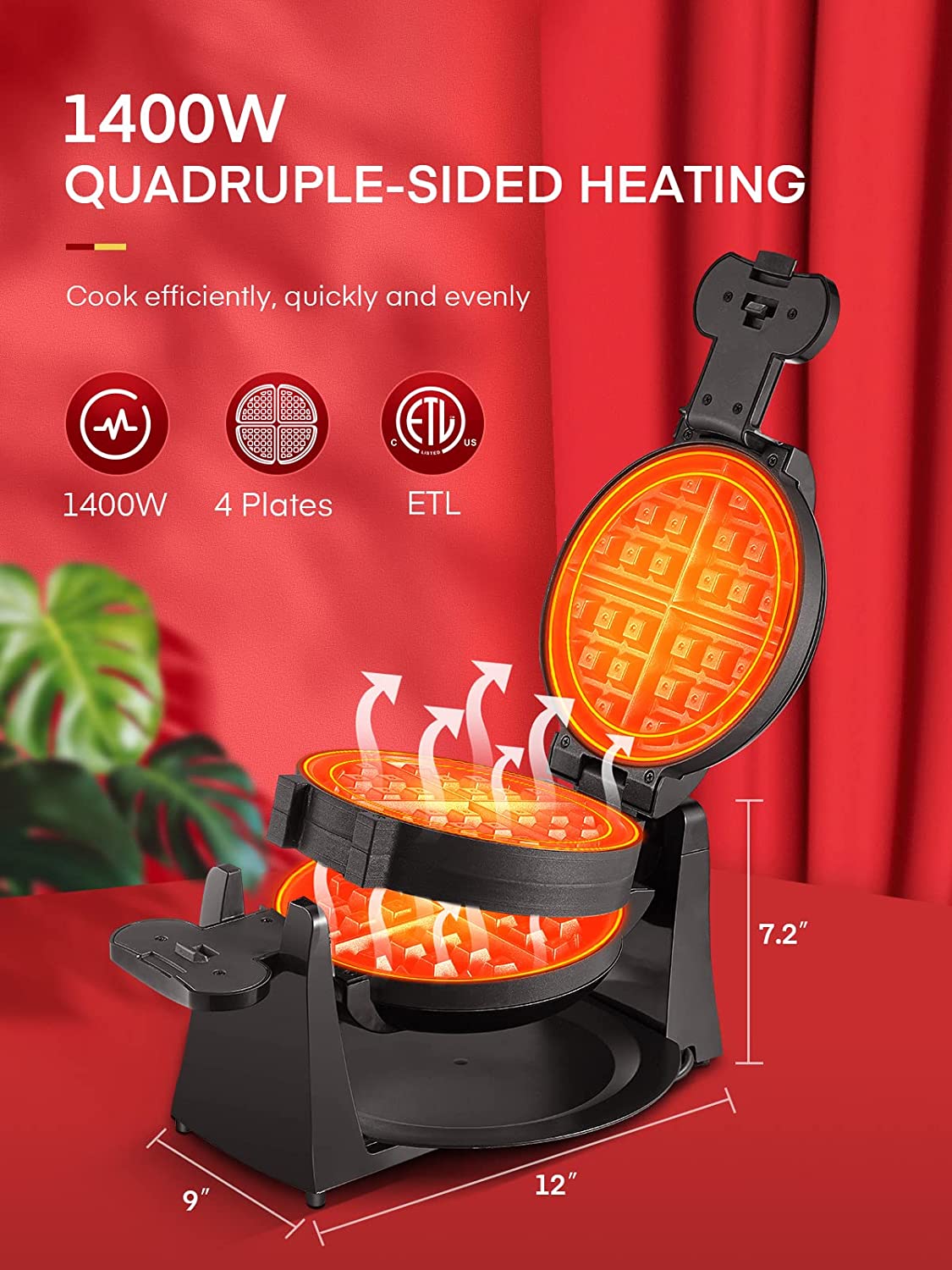 1400w quadruple-sided heating, Waffle Maker, Belgian Waffle Maker Iron 180° Flip Double Waffle, 8 Slices, Rotating & Nonstick Plates, Removable Drip Tray, Cool Touch Handle, Black, 1400W