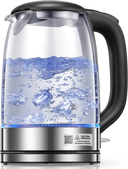 FOHERE Wasserkocher, 1,7L 1200W, Kaffee- & Teekocher, Borosilikatglas, große Öffnung, Abschaltautomatik, Cool-Touch-Griff, abnehmbarer Sockel, LED-Beleuchtung. 360°-Drehung, Trockengehschutz