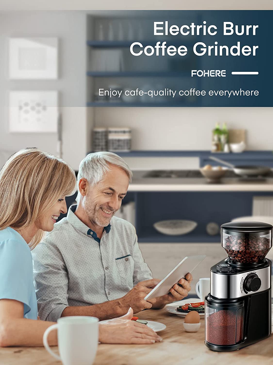 enjoy cafe-quality coffee everywhere, Coffee Grinder Electric, FOHERE Coffee Bean Grinder with 18 Precise Grind Settings, 2-14 Cup for Drip, Percolator, French Press, Espresso and Turkish Coffee Makers, Black