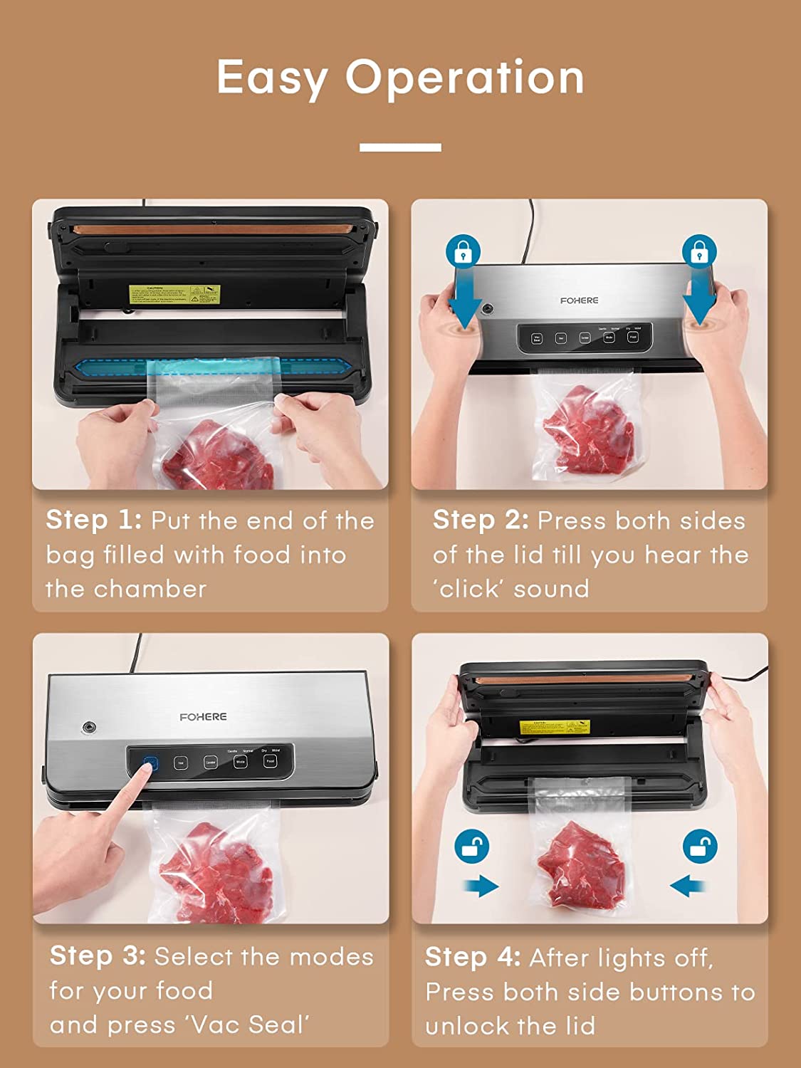 Vacuum Sealer Machine, FOHERE 70KPa Automatic Food Sealer With 2 Modes, Air Sealing System for Food Storage, External Suction Pipe for Jar Food Storage, Touch Screen, Led Indicator Lights(Silver)