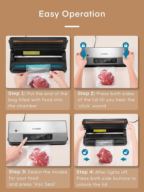 Vacuum Sealer Machine, FOHERE 70KPa Automatic Food Sealer With 2 Modes, Air Sealing System for Food Storage, External Suction Pipe for Jar Food Storage, Touch Screen, Led Indicator Lights(Silver)