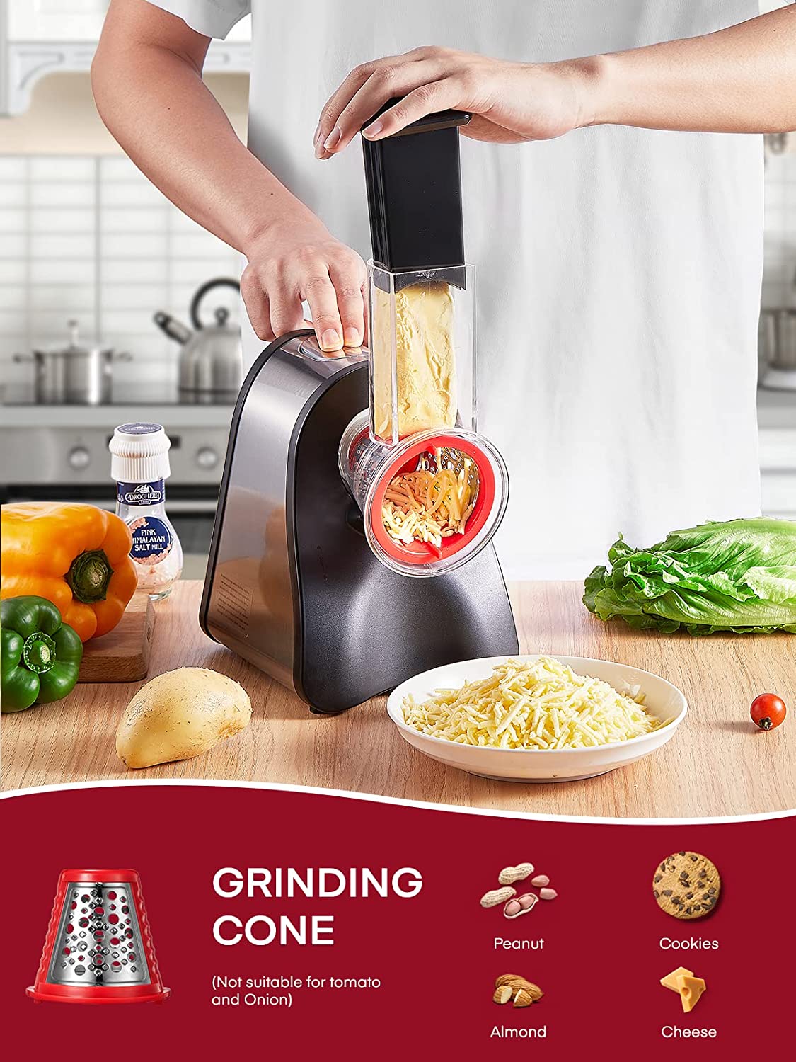 grinding cone, FOHERE Electric Cheese Grater Shredder, Electric Vegetable Slicer Professional Salad Shooter for Home Kitchen Use, One-Touch Easy Control, Salad Maker Machine for Vegetables, Cheeses, BPA-Free, Red