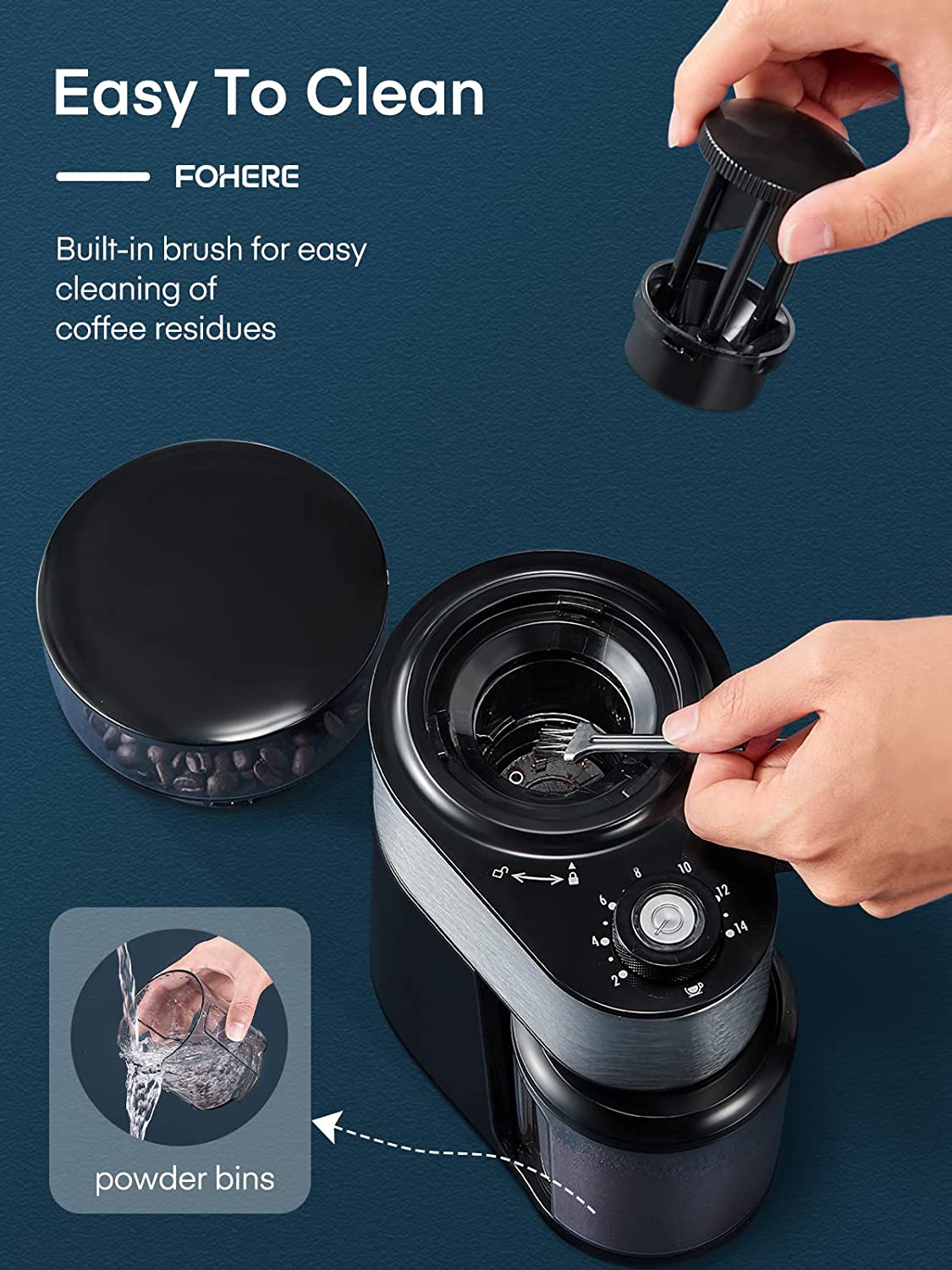 easy to clean, Coffee Grinder Electric, FOHERE Coffee Bean Grinder with 18 Precise Grind Settings, 2-14 Cup for Drip, Percolator, French Press, Espresso and Turkish Coffee Makers, Black