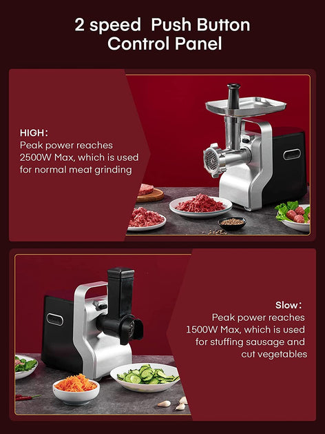 2 speed push button control paanel, Electric Meat Grinder Heavy Duty - 5 in 1 2500W Max Powerful Home Food Grinder - Sausage Stuffer - Slicer/Shredder/Grater - Kubbe & Tomato Juicing Kits - 3 Stainless Steel Grinding Plates - Size