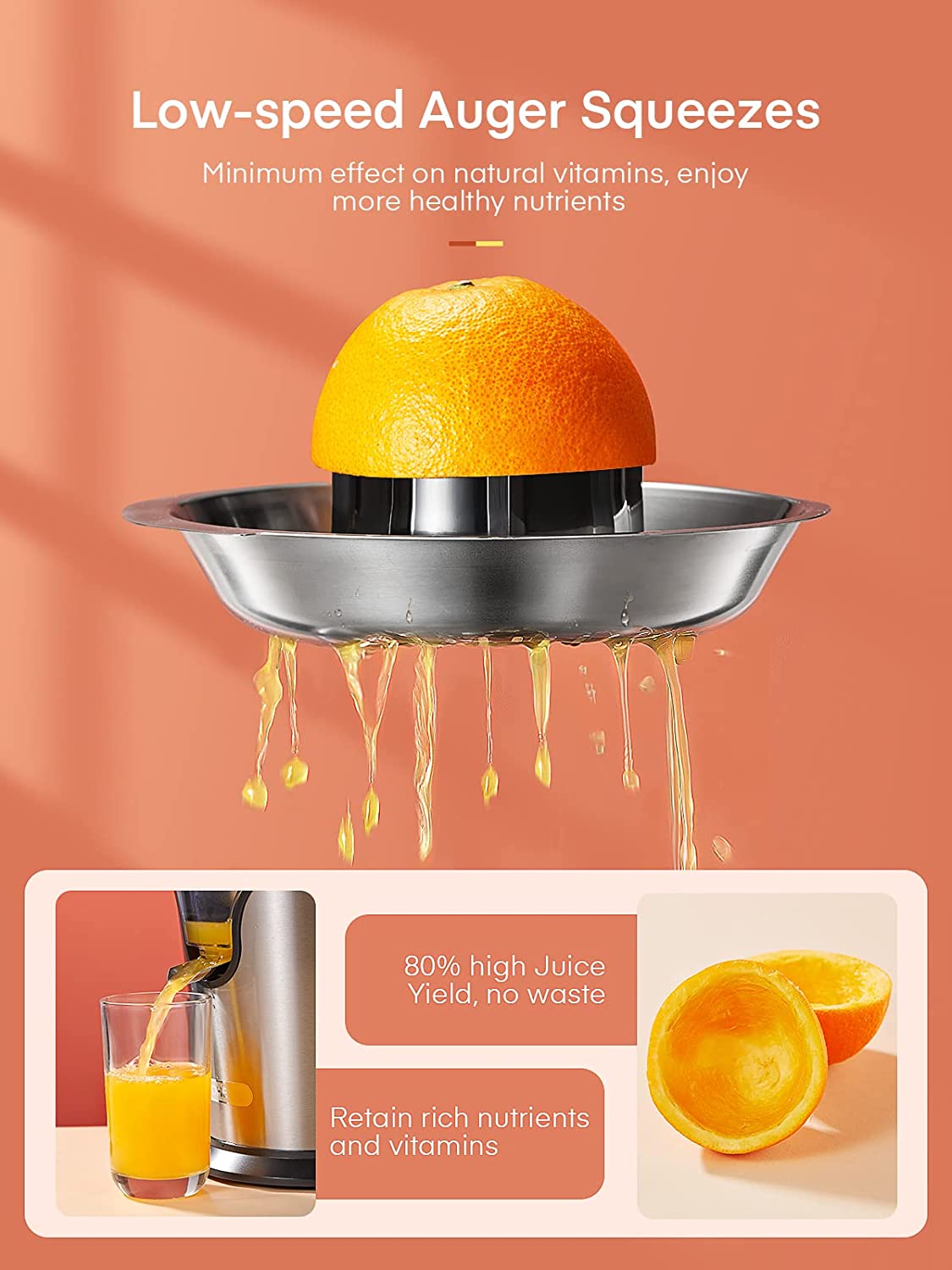 low speed auger squeezes, FOHERE Citrus Juicer Electric Orange Juicer Squeezer with Humanized Handle, Powerful 160W Silent Motor Stainless Steel BPA-Free, Two Size Cones for Grapefruits, Orange and Lemon, Silver