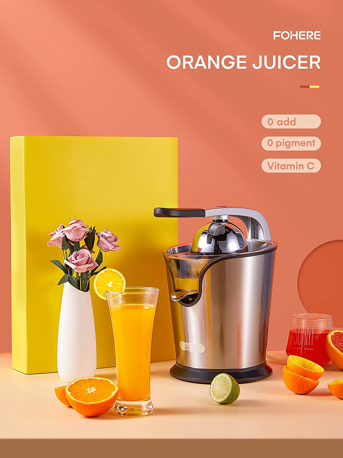 orange juice, FOHERE Citrus Juicer Electric Orange Juicer Squeezer with Humanized Handle, Powerful 160W Silent Motor Stainless Steel BPA-Free, Two Size Cones for Grapefruits, Orange and Lemon, Silver